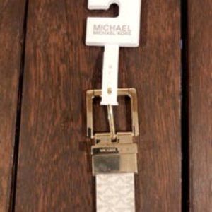 MICHAEL KORS Signature Reversible Belt White Silver Gold Leather Sz M NWT